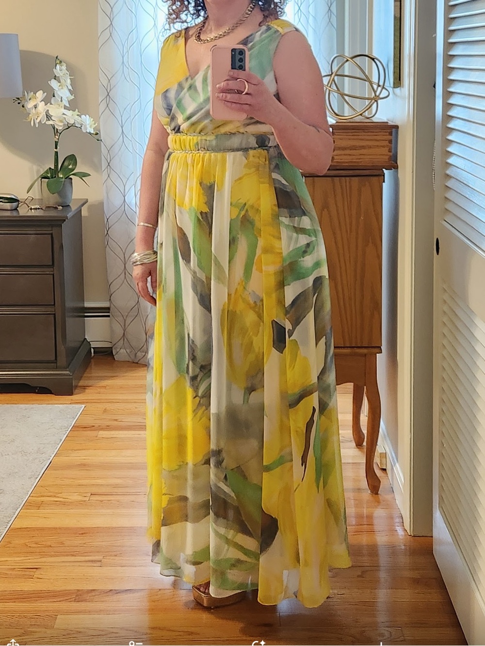 White House Black Market Yellow Floral V-Neck Maxi Dress